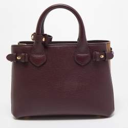 Pre Owned Burberry Burgundy/Beige Leather and House Check Fabric Small Banner Tote