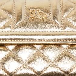 Pre Owned Burberry Gold Quilted Leather Flap Continental Wallet