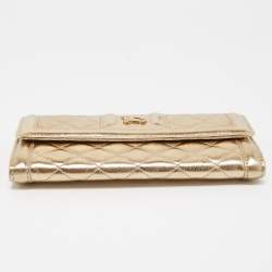 Pre Owned Burberry Gold Quilted Leather Flap Continental Wallet