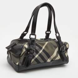 Pre Owned Burberry Black Beat Check Nylon and Patent Leather Buckle Satchel