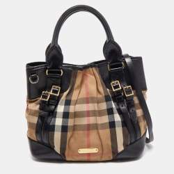 Pre Owned Burberry Black/Beige House Check Canvas and Leather Bridle Tote
