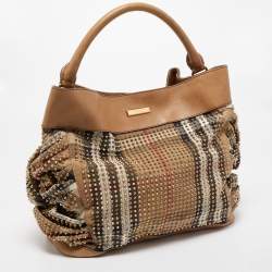 Pre Owned Burberry Beige House Check Canvas and Leather Pleated Studded Hobo