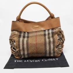 Pre Owned Burberry Beige House Check Canvas and Leather Pleated Studded Hobo