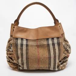 Pre Owned Burberry Beige House Check Canvas and Leather Pleated Studded Hobo