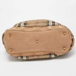 Pre Owned Burberry Beige House Check Canvas and Leather Pleated Studded Hobo
