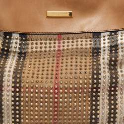 Pre Owned Burberry Beige House Check Canvas and Leather Pleated Studded Hobo