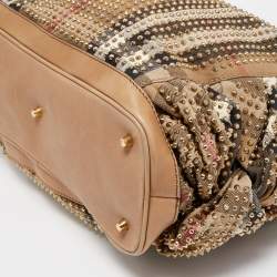 Pre Owned Burberry Beige House Check Canvas and Leather Pleated Studded Hobo