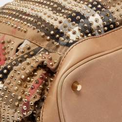 Pre Owned Burberry Beige House Check Canvas and Leather Pleated Studded Hobo