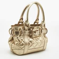 Pre Owned Burberry Gold Quilted Glossy Leather Beaton Tote