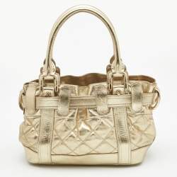 Pre Owned Burberry Gold Quilted Glossy Leather Beaton Tote