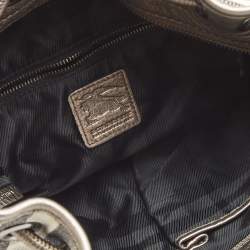 Pre Owned Burberry Metallic/Grey Beat Check Canvas and Leather Drawstring Hobo