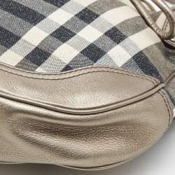 Pre Owned Burberry Metallic/Grey Beat Check Canvas and Leather Drawstring Hobo