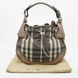 Pre Owned Burberry Metallic/Grey Beat Check Canvas and Leather Drawstring Hobo
