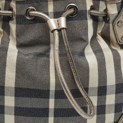 Pre Owned Burberry Metallic/Grey Beat Check Canvas and Leather Drawstring Hobo