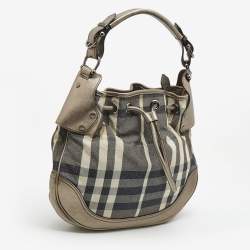 Pre Owned Burberry Metallic/Grey Beat Check Canvas and Leather Drawstring Hobo