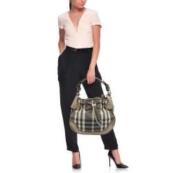 Pre Owned Burberry Metallic/Grey Beat Check Canvas and Leather Drawstring Hobo