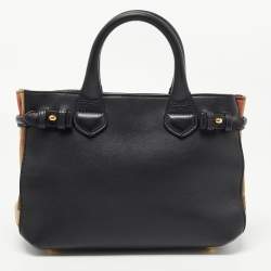 Pre Owned حقيبة يد توتس بربري بانير قماش كاروه ات هاوس وجلد أسود/ بيج صغيرة