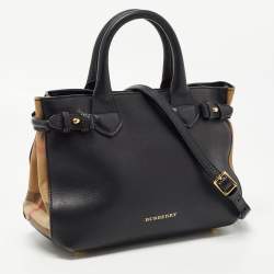 Pre Owned حقيبة يد توتس بربري بانير قماش كاروهات هاوس وجلد أسود/ بيج صغيرة