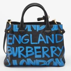 Pre Owned Burberry Black/Blue Leather Medium Graffiti Banner Tote