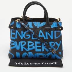 Pre Owned Burberry Black/Blue Leather Medium Graffiti Banner Tote