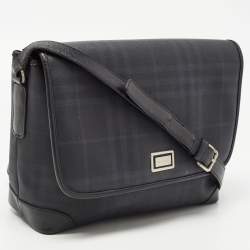 Pre Owned Burberry Black Beat Check Coated Canvas and Leather Flap Shoulder Bag