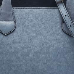 Pre Owned Burberry Blue Leather and House Check Canvas Medium Banner Tote