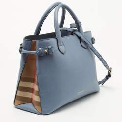 Pre Owned Burberry Blue Leather and House Check Canvas Medium Banner Tote