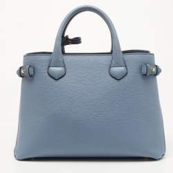 Pre Owned Burberry Blue Leather and House Check Canvas Medium Banner Tote
