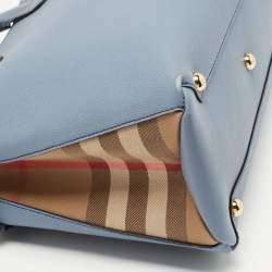 Pre Owned Burberry Blue Leather and House Check Canvas Medium Banner Tote