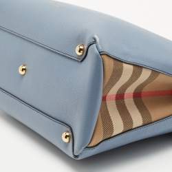 Pre Owned Burberry Blue Leather and House Check Canvas Medium Banner Tote