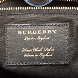 Pre Owned Burberry Blue Leather and House Check Canvas Medium Banner Tote