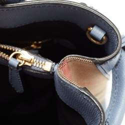 Pre Owned Burberry Blue Leather and House Check Canvas Medium Banner Tote