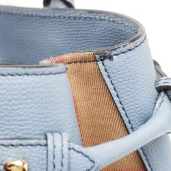 Pre Owned Burberry Blue Leather and House Check Canvas Medium Banner Tote