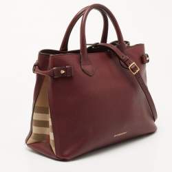 Pre Owned Burberry Burgundy Leather and House Check Fabric Medium Banner Tote
