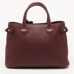 Pre Owned Burberry Burgundy Leather and House Check Fabric Medium Banner Tote