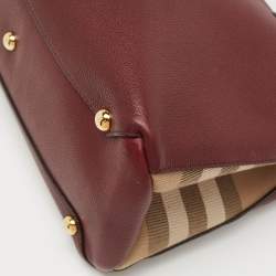 Pre Owned Burberry Burgundy Leather and House Check Fabric Medium Banner Tote