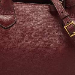 Pre Owned Burberry Burgundy Leather and House Check Fabric Medium Banner Tote