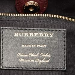 Pre Owned Burberry Burgundy Leather and House Check Fabric Medium Banner Tote