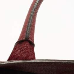 Pre Owned Burberry Burgundy Leather and House Check Fabric Medium Banner Tote