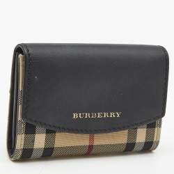 Pre Owned Burberry Black/Beige Housecheck Nylon and Leather Flap Compact Wallet