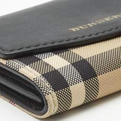Pre Owned Burberry Black/Beige Housecheck Nylon and Leather Flap Compact Wallet