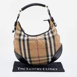 Pre Owned Burberry Beige/Black House Check Canvas and Leather Hoxton Hobo