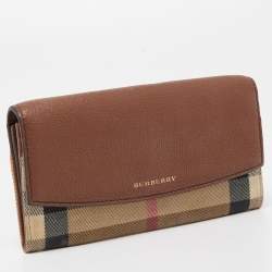 Pre Owned Burberry Brown/Beige House Check Canvas and Leather Flap Continental Wallet
