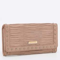 Pre Owned Burberry Old Rose Pleated Leather Flap Continental Wallet