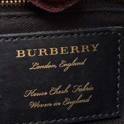 Pre Owned Burberry Burgundy Leather and House Check Fabric Small Banner Tote