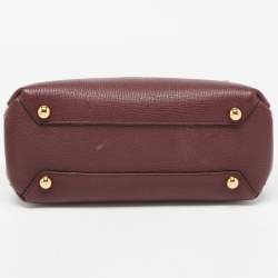 Pre Owned Burberry Burgundy Leather and House Check Fabric Small Banner Tote
