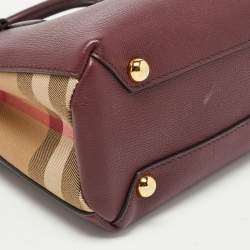 Pre Owned Burberry Burgundy Leather and House Check Fabric Small Banner Tote