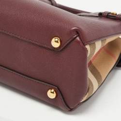 Pre Owned Burberry Burgundy Leather and House Check Fabric Small Banner Tote