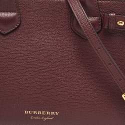 Pre Owned Burberry Burgundy Leather and House Check Fabric Small Banner Tote