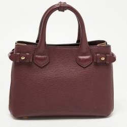 Pre Owned Burberry Burgundy Leather and House Check Fabric Small Banner Tote